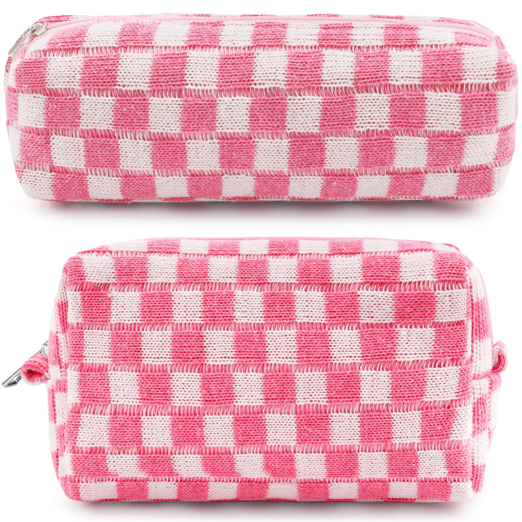ZLFSRQ 2Pcs Checkered Pencil Case Cute Pencil Pouch for Teens Pink Checkered Makeup Bag Travel Cosmetic Bag Set Cute Preppy Makeup Pouch for Purse Portable Zippered Skincare Toiletry Bags Organizer