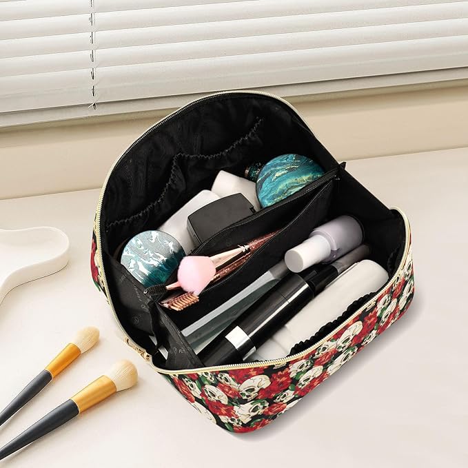 MNSRUU Makeup Organizer Bag, Skull and Flower Travel Makeup Bags Makeup Vanity Case Large Capacity Rhombus Cosmetic Toiletry Bag for Girl Women Ladies