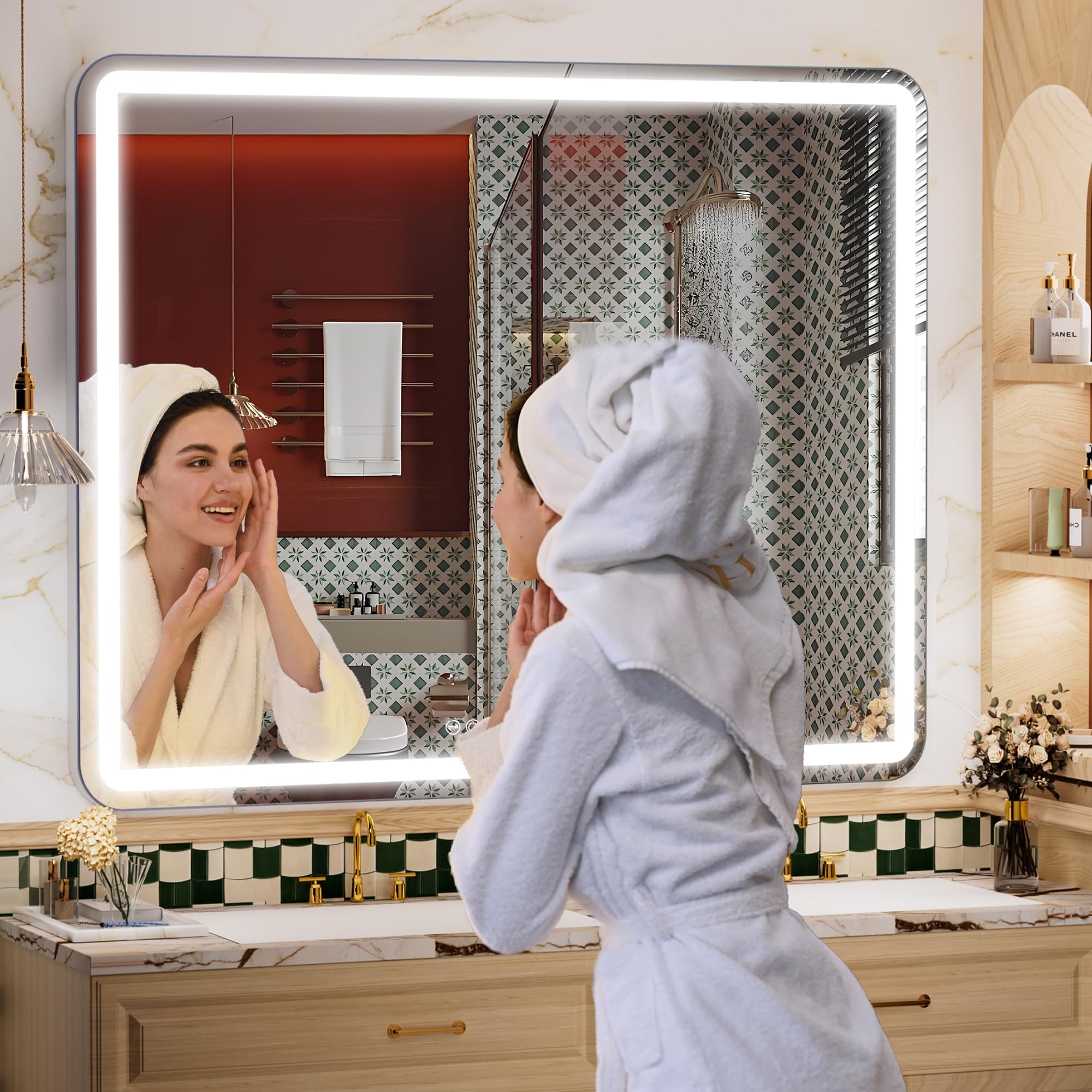 Hasipu Vanity Mirror with Lights, 39.4" x 30" LED Makeup Mirror, Lighted Makeup Mirror with Dimmable 3 Modes, Touch Screen Control Vanity Mirror Round White