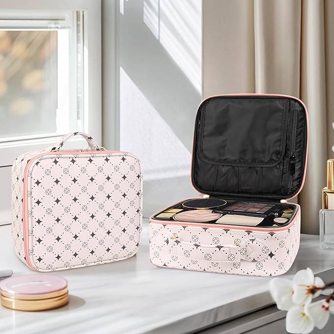M Y U R E N Travel Makeup Bag,Waterproof Cosmetic Organizer, Adjustable Dividers,Portability Cosmetic Train Case,Makeup organizer,Gift for Women,Girls Gift (Beige+Pink)