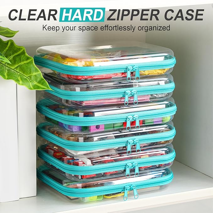 Sanwuta 6 Pcs Clear Hard Zipper Case Plastic Zipper Pouches Transparent Makeup Bag Pencil Case Pouches Toiletry Diaper Bag for Travel Toy Storage Organizer Bins(Teal,7.87 x 5.9 x 2 Inch)