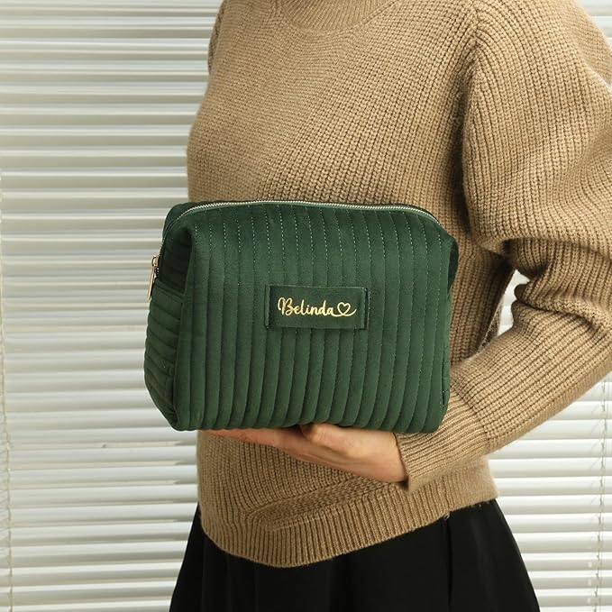 Snirov Custom Makeup Bag, Green Velvet Personalized Cosmetic Bag with Zipper for Women Teen Girls Birthday Gifts Mothers Day Gifts for Mom