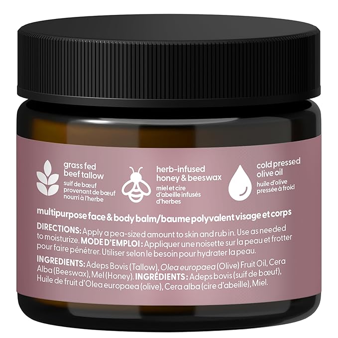 Grass Fed Beef Tallow and Honey Balm for Face - Deeply Moisturizing & Nourishing Beef Tallow Face Moisturizer with Cold-Pressed Olive Oil for Beautiful Skin Glow & Softness (Light Herbal Scent, 2oz)