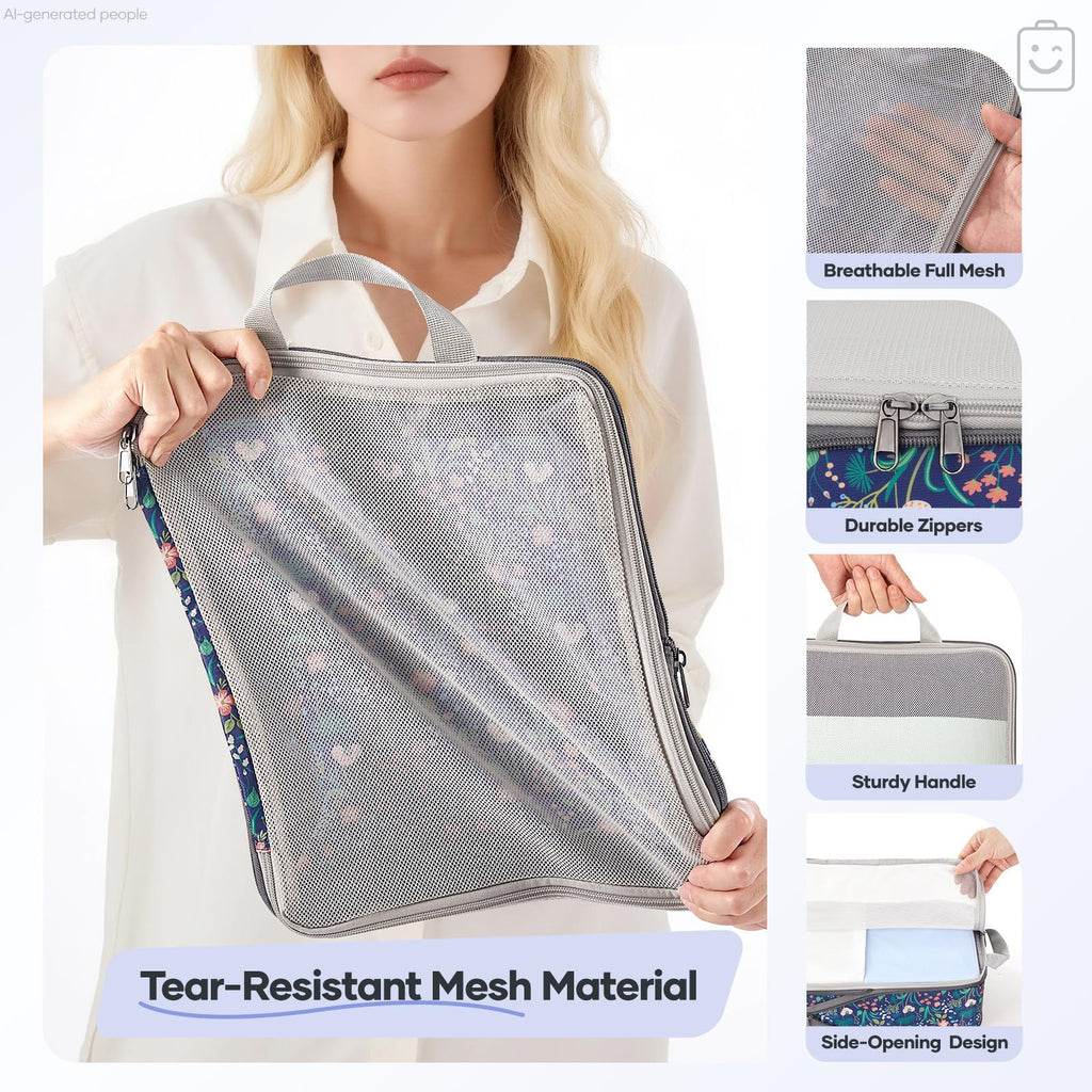Veken 11 Set Compression Seting Cubes Garment Bags for Travel Essentials,Compressible Expandable Luggage Organizer Bags for Clothing,Space Saver Bags with Over 99 pcs of Mesh Holes(Dark Blue Floral)