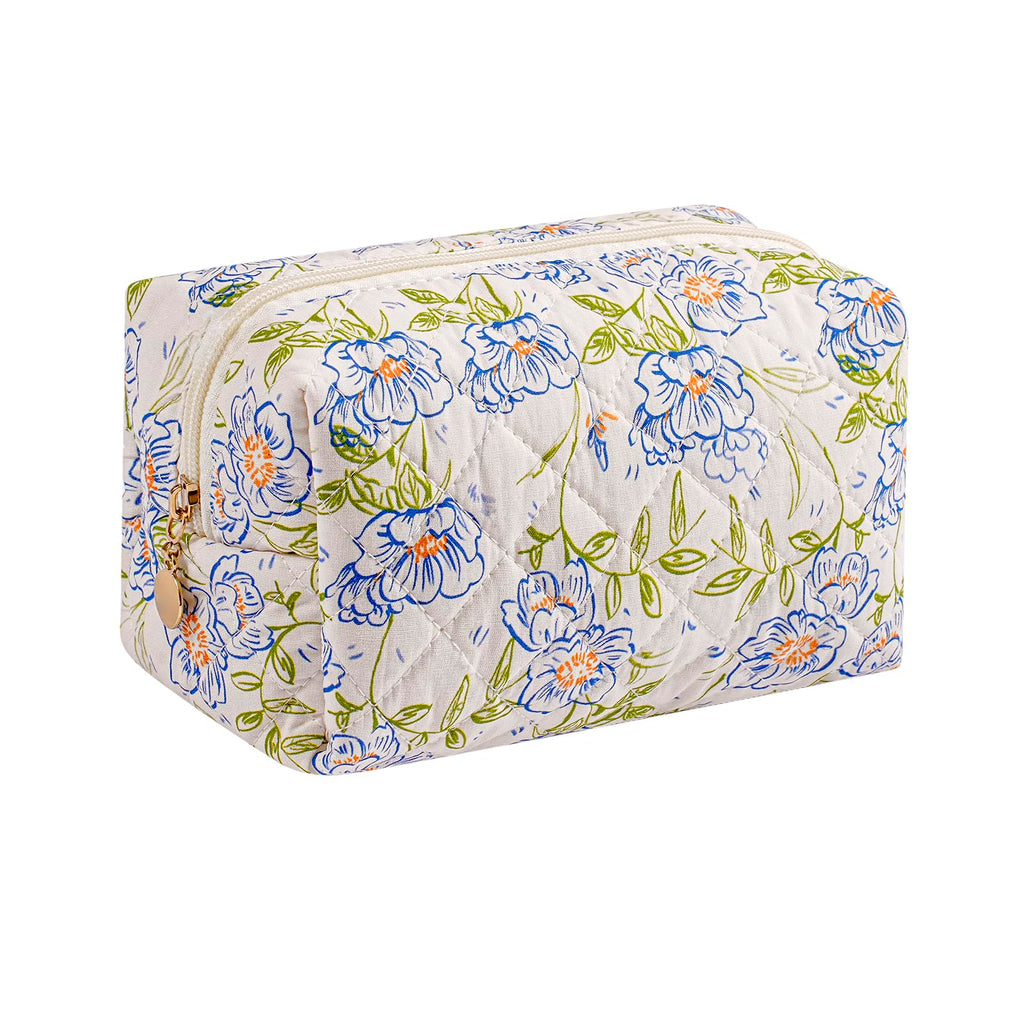 HHQQWZ Makeup Bag Travel Cosmetic Bag for Women Girls, Zipper Make Up Pouch, Floral Flowers Toiletry Organizer Makeup, Portable Storage Cosmetic Travel Cloth Bag (Large Blue Flowers)