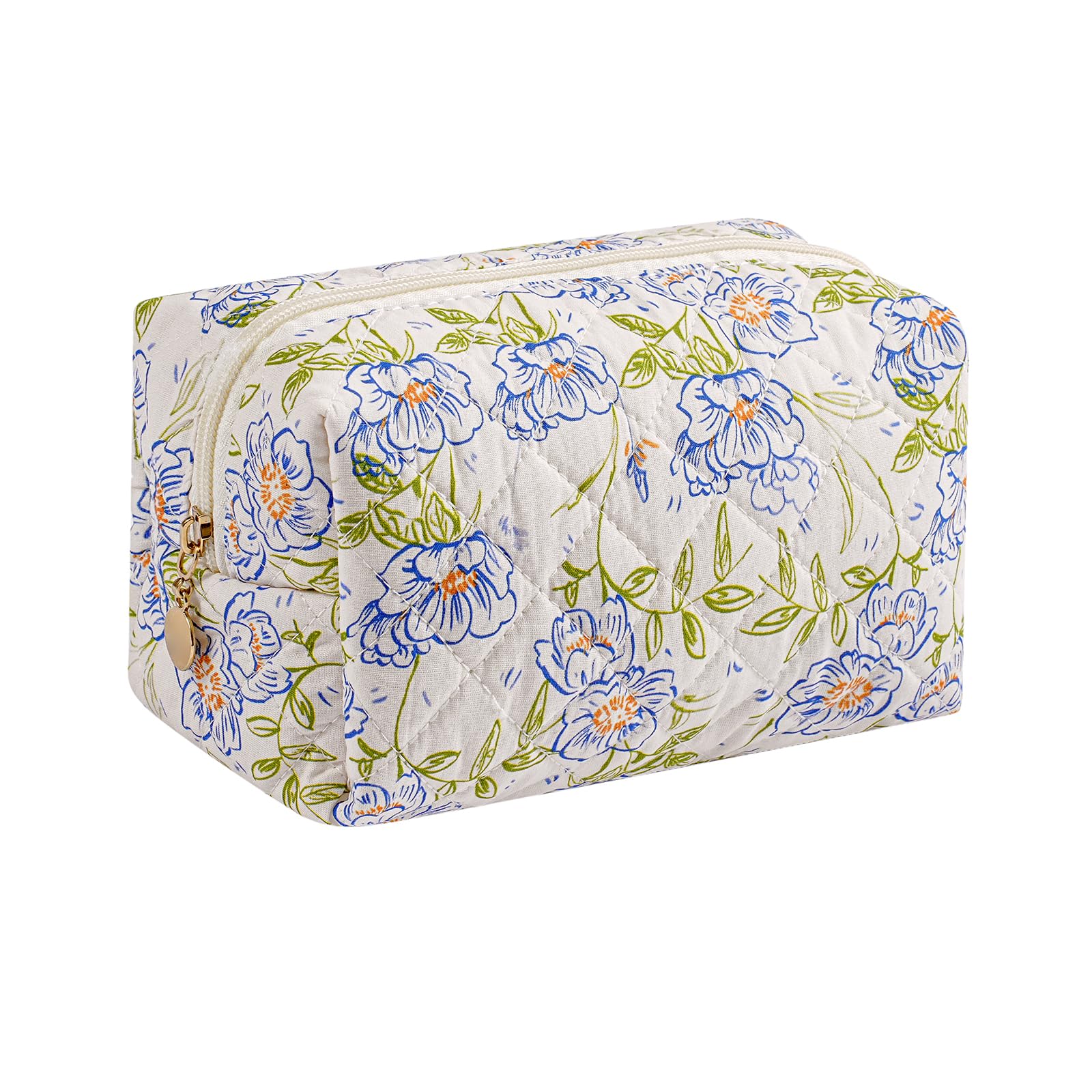 HHQQWZ Makeup Bag Travel Cosmetic Bag for Women Girls, Zipper Make Up Pouch, Floral Flowers Toiletry Organizer Makeup, Portable Storage Cosmetic Travel Cloth Bag (Large Blue Flowers)