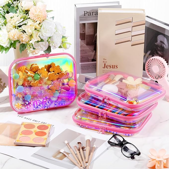 Hoolerry 4 Pcs Hard Clear Zipper Case Makeup Bags Plastic Zipper Pouch Transparent Storage Box Containers for Cosmetics, Snacks, Building Blocks, Puzzles(Clear,9.8 x 7.9 x 2 in,Pink Laser)