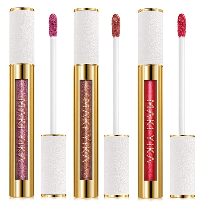 MAKI YIKA 3Pc Metallic Lipstick Long Lasting Pink Brown Red Glitter Lipsticks