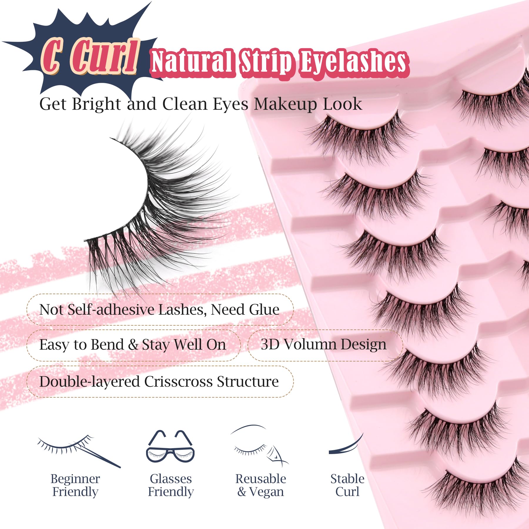 Natural Cat Eye Lashes Wispy Eyelashes 14mm Lightweight False Eyelashes 3D Volume Natural Lashes 0.1mm Thin Cotton Band Lash Strips Pack C Curl Soft Eyelash 7 Pairs Siligli