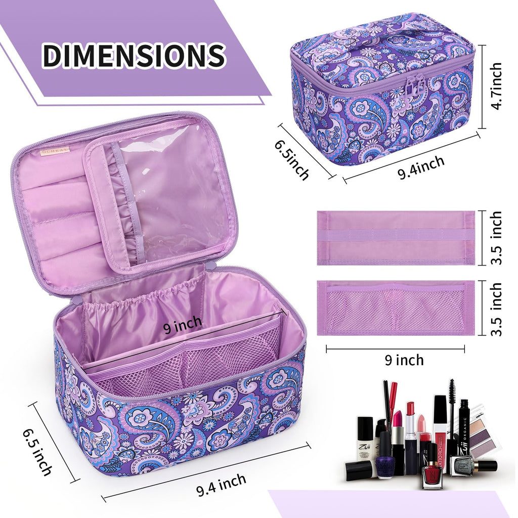 OCHEAL Makeup Bag - Portable Large Capacity Travel Cosmetic Case for Women with Handle and Divider Toiletry Organizer for Girls on the Go -Purple