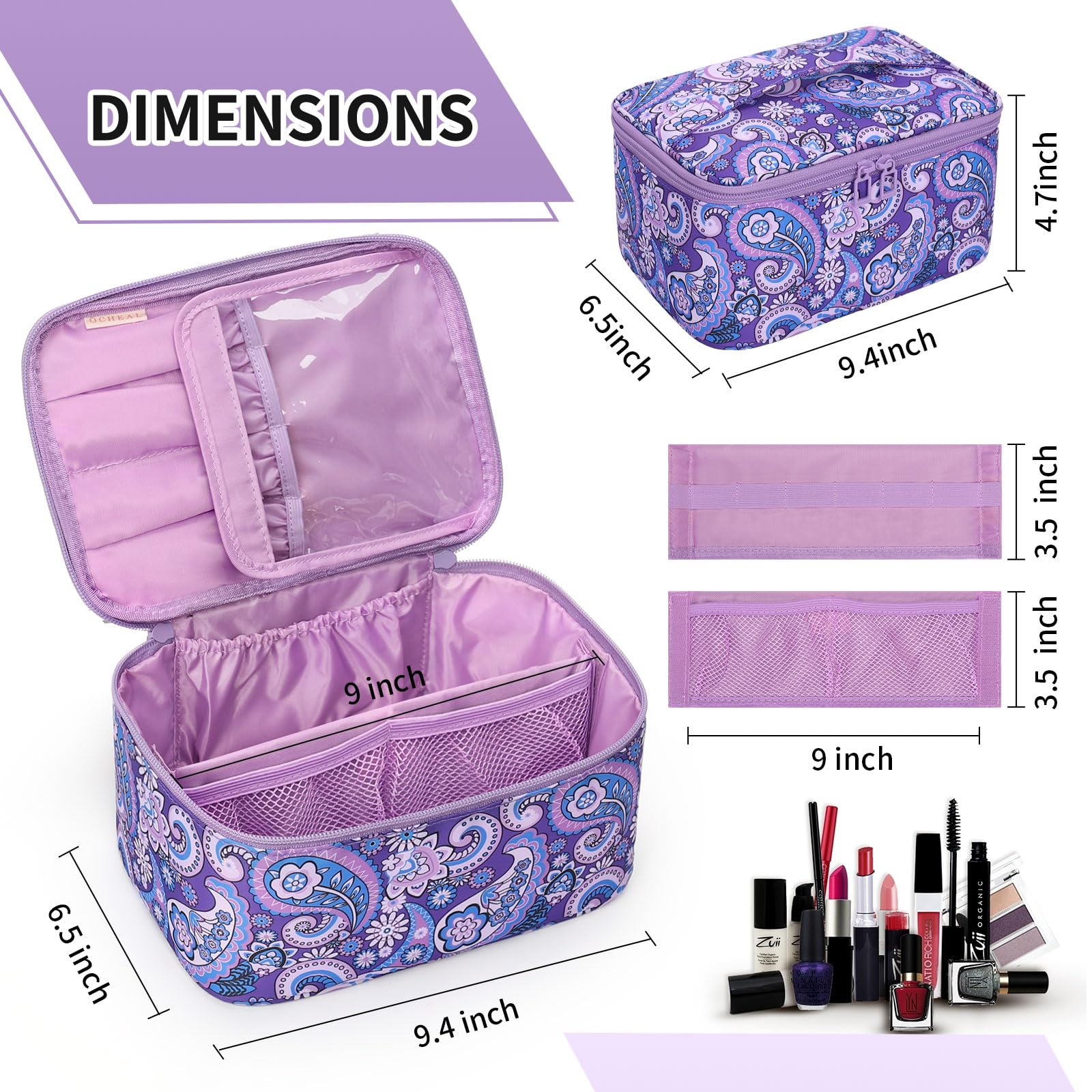 OCHEAL Makeup Bag - Portable Large Capacity Travel Cosmetic Case for Women with Handle and Divider Toiletry Organizer for Girls on the Go -Purple