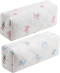 HHQQWZ Cute Floral Cotton Makeup Brush Cosmetic Bag for Women, Travel Quilted Zipper Make Up Bag, Flowers Toiletry Organizer Case Kawaii Makeup Cosmetic Travel Cloth Pouch (Pink Bow Tie+Blue Bow Tie)