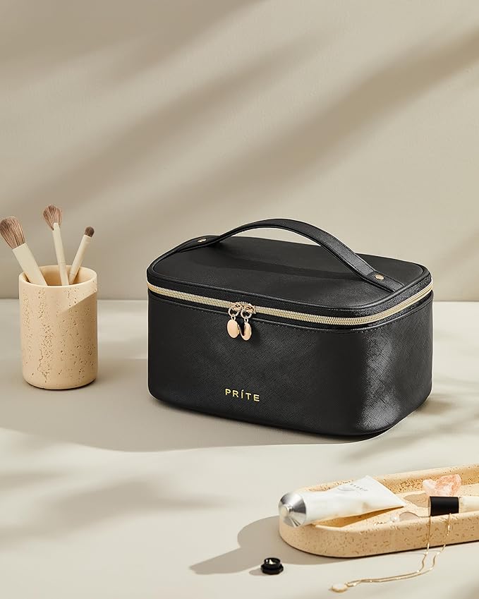 Prite Makeup Bag Travel Cosmetic Case, Women Toiletry bag Organizer, Black