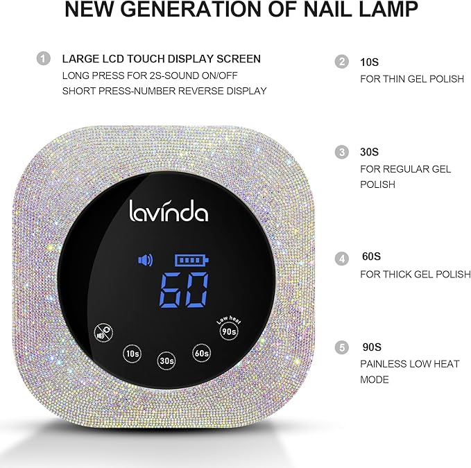 Lavinda 54W Cordless UV LED Nail Lamp for Gel Nails, Sparkle Rhinestone
