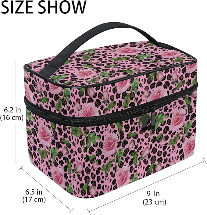MNSRUU Makeup Bag, Roses On Pink Leopard Travel Makeup Organizer Bag Cosmetic Cases Toiletry Bags for Girl Women Ladies