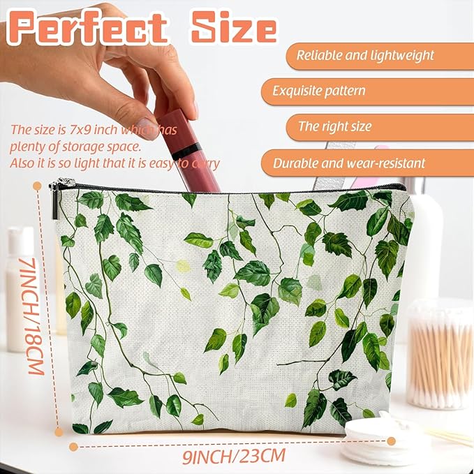 Scribesense Makeup Bag Travel Cosmetic Bags Small Makeup Case Waterproof Zipper Pouch for Women Girls 7X9inches - Green Ivy Leaves Cascading on White