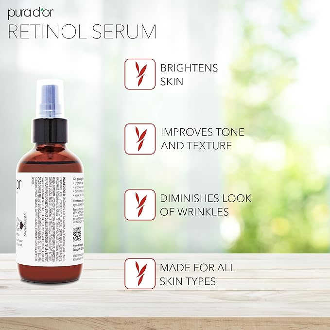 PURA D'OR Retinol Serum Facial Skincare – 3.3 oz Overnight Treatment w/Aloe, Botanical Extracts, Lightweight Fast-Absorbing Hydration for Smoother-Looking Texture, Tone, Radiance, Ayurvedic Skin Care