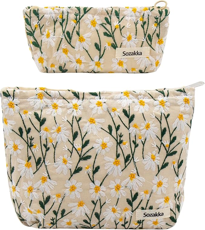 getgto 2 Pcs Makeup Bags, Large Cosmetic Bag Travel Toiletry Bag Organizer for Women, Embroidery Craft, Floral Makeup Bag Small Cosmetic Pouch Purse with Zipper Gifts for Girls Teen