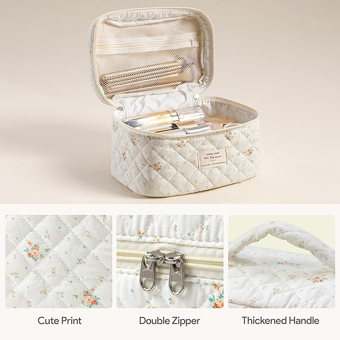 HBselect Quilted Makeup Bag, 3Pcs Cotton Large Travel Makeup Bags Organizer