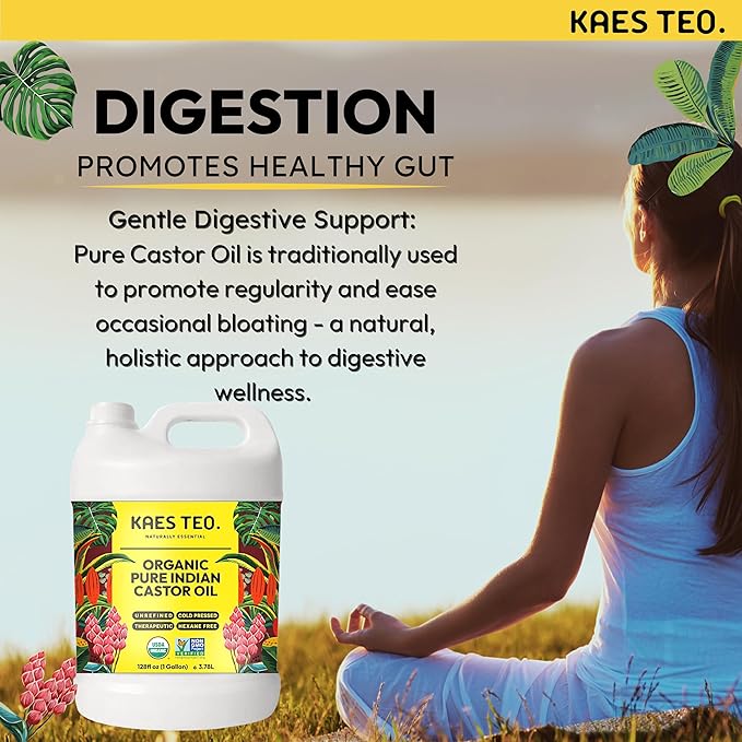 Kaes Teo Organic Castor Oil 1 Gallon (128 fl oz) Bulk, 100% Pure Cold-Pressed, Hexane Free, Eyelash, Eyebrow & Hair Growth Serum, Skin Moisturizer, Massage, Hair Loss, Dandruff, Detox and Wraps