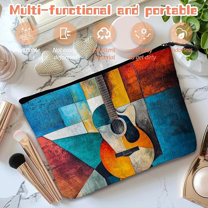 Scribesense Cosmetic Bags Travel Makeup Toilet Case Waterproof Pouch for Women Girls 6.7X9.45inches - Abstract Guitar in A Multicolored Geometric Composition