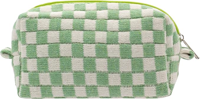 Checkered Makeup Bag for Purse, Small Travel Cosmetic Pouch,Light Green