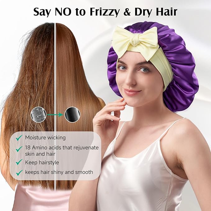 YFONG 100% Mulberry Silk Bonnet for Sleeping Women Men, Large Double Layer
