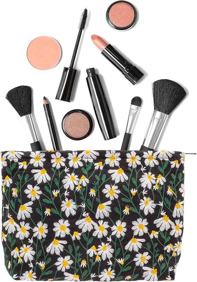 Flat Makeup Bag for Women,Zipper Cosmetic Pouch for Purse,Daisy Black