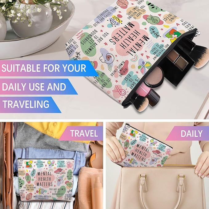 Mental Health Gifts Makeup Bag - Awareness Gift, Daily Affirmation, Positive Quotes Cosmetic Bag for Women