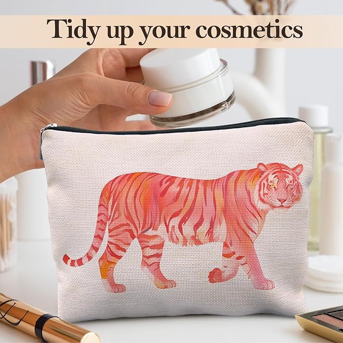 Likjad Preppy Tiger Makeup Bag, Trendy Pink and Orange Tiger Cosmetic Bags for Women, Tigers Gifts Makeup Pouch, Animal Lovers Gift Zipper Pouch