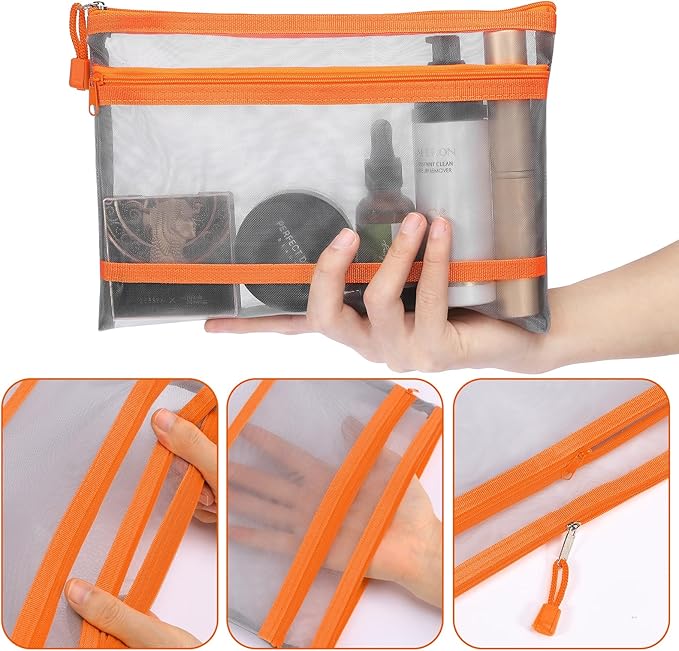 Sinzip 12 Pieces Zipper Nylon Mesh Pouch, Mesh Cosmetic Bags Makeup Bags Pencil Case, Multipurpose Travel Bags for Cosmetic School Office Supplies and Travel Accessories (2 Layers-Grey, A5)