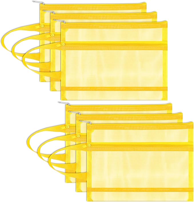 Fassave 6 Pack Mesh Zipper Pouch Bags, Double Layer Nylon Pouch with Handle for Office Travel Organization (Yellow, A5)