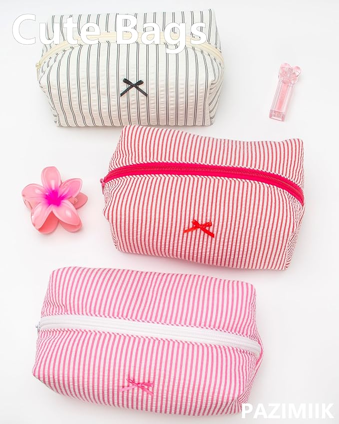 PAZIMIIK Cozy Makeup Bag for Women,Zipper Cosmetic Pouch,Stripe Red