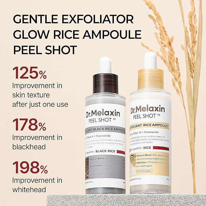 Dr.Melaxin Peel Shot Glow White and Black Rice Ampoule Duo, Soft Exfoliating Face and Body Scrub Dead Skin Cells, Blackheads Remover for All Skin Types