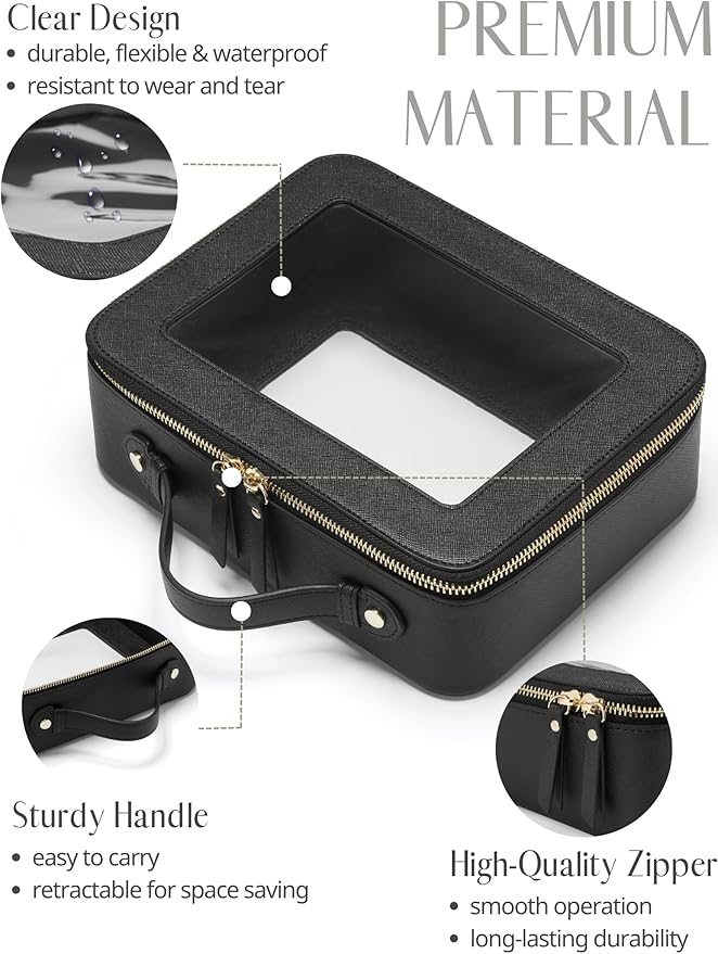 Popvibe Large Capacity Clear Toiletry Bag for Women Travel Makeup Bag Black