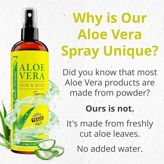 Seven Minerals, Aloe Vera Spray for Body & Hair - From Freshly Cut Organic Aloe (99%), Extra Strong, Easy to Apply, No Thickeners So It Absorbs Rapidly, No Sticky Residue - Made in USA (12 fl oz)
