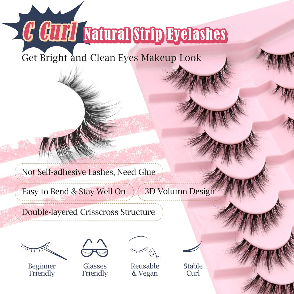 Lashes Natural Cat Eye Lashes Wispy Eyelashes 15mm False Eyelashes Wispy Lash Strips 3D Volume Fake Eyelash Thin Cotton Band Soft Eye Lash Pack 7 Pairs Siligli