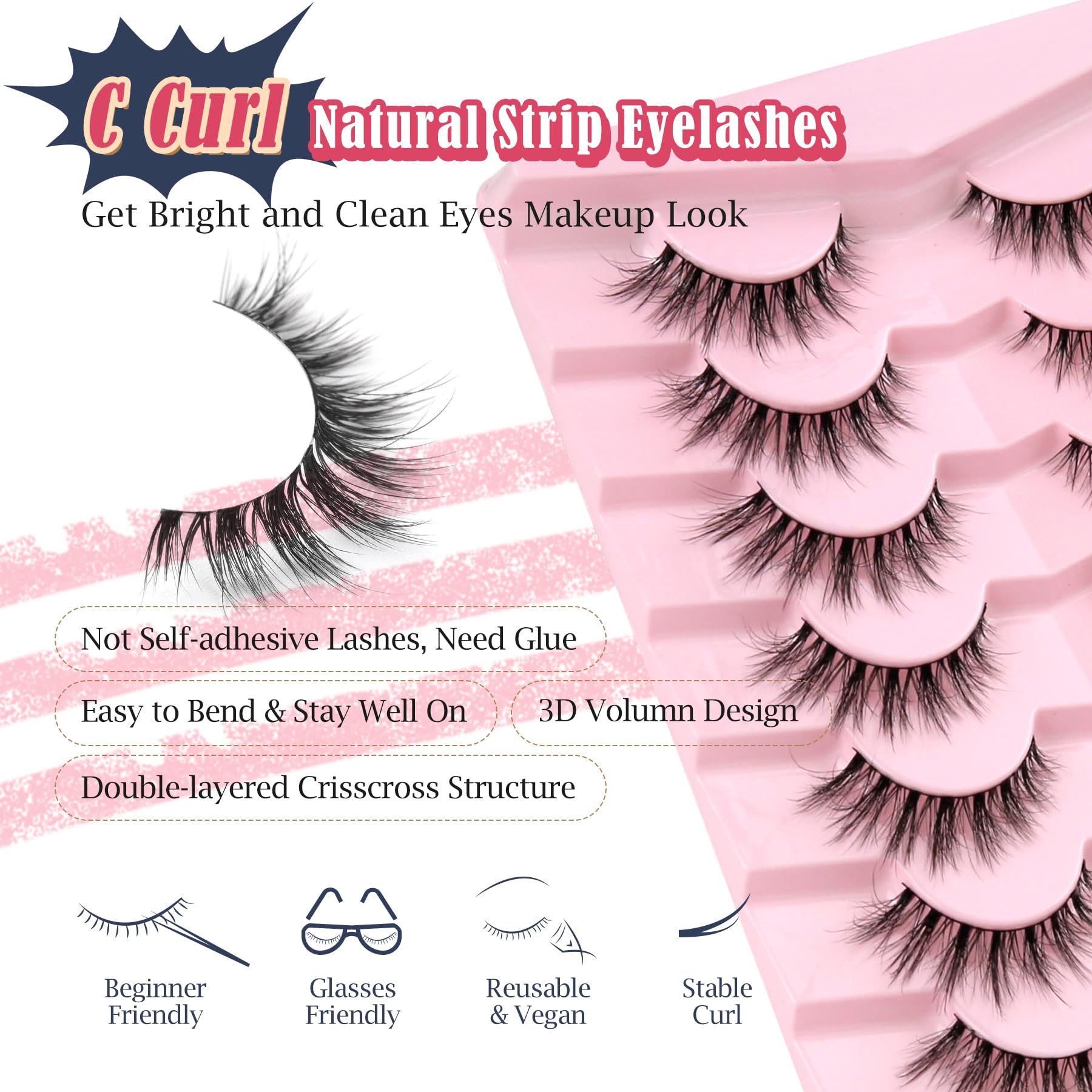 Lashes Natural Cat Eye Lashes Wispy Eyelashes 15mm False Eyelashes Wispy Lash Strips 3D Volume Fake Eyelash Thin Cotton Band Soft Eye Lash Pack 7 Pairs Siligli