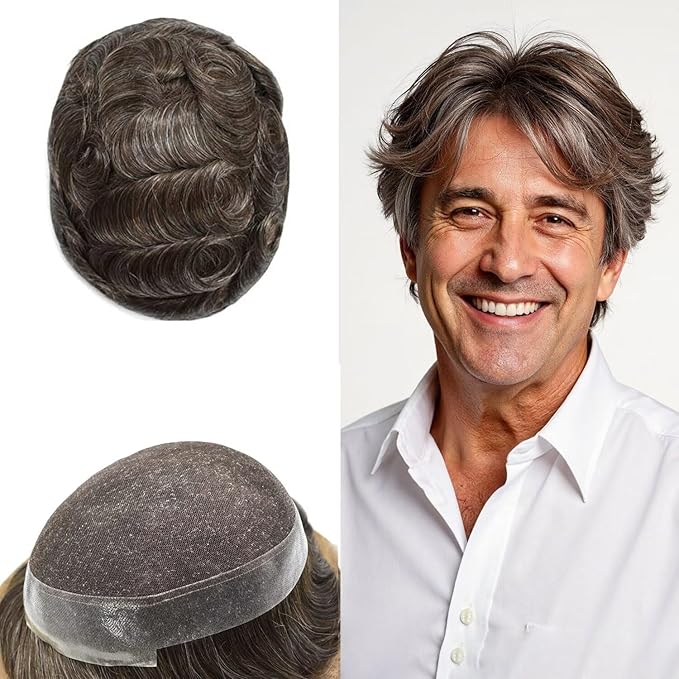 F M FACE MIRACLE NEW YORK Toupee for Men French Lace Center Mens Toupee Hairpiens Human Hair Replacement System Black Brown Blonde Gray Hair Units, 7X9