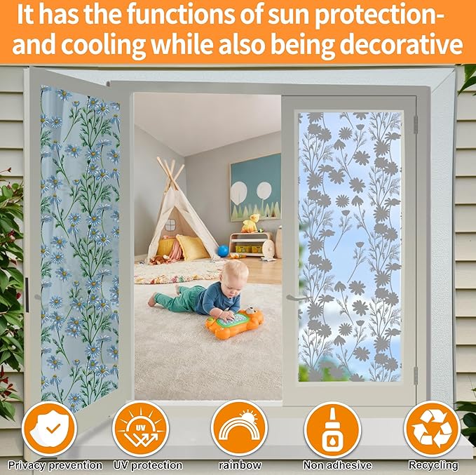 QHYsunshine One Way Privacy Film, Window Tint for Home,Daytime Reflective, Anti UV Static Cling Sliding Door Coverings No Glue Garage Solar Paper (Silver -Daisy, 45.27 x 78.7 in)