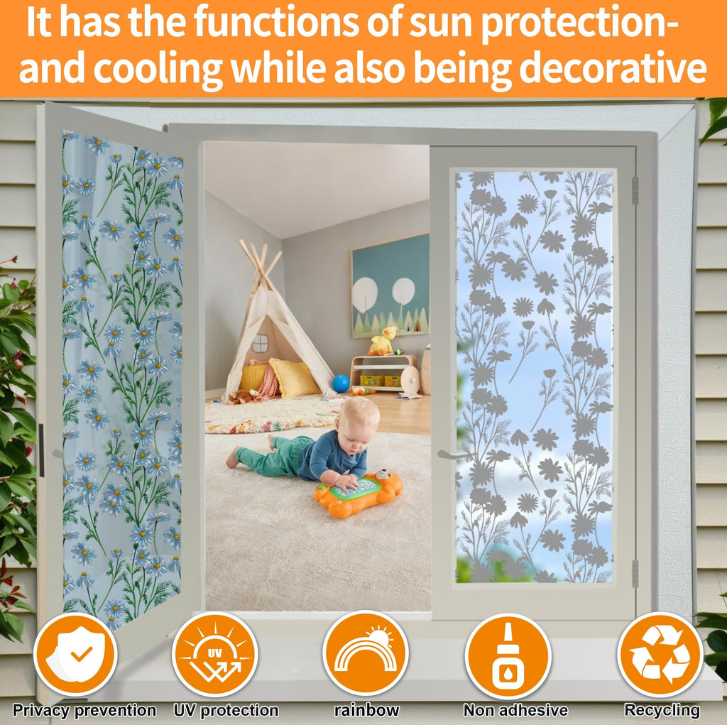 QHYsunshine One Way Privacy Film, Window Tint for Home,Daytime Reflective, Anti UV Static Cling Sliding Door Coverings No Glue Garage Solar Paper (Silver -Daisy, 45.27 x 78.7 in)