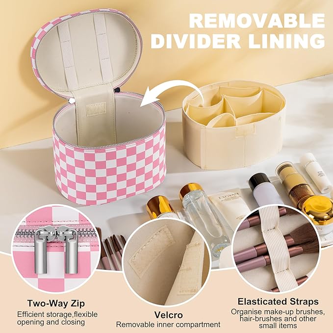 UUYUUY Makeup Bag Vanity Case Cosmetic Bag with Removable Divider Travel Toiletry Bag for Women Portable Make up Box Organizer, Pink and White