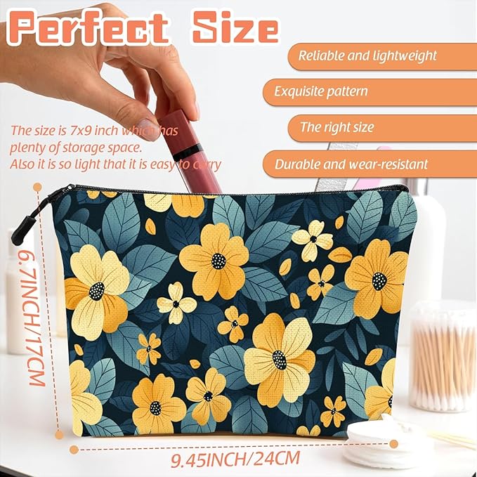 Scribesense Cosmetic Bags Travel Makeup Toilet Case Waterproof Pouch for Women Girls 6.7X9.45inches - Pattern of Yellow Flowers on A Dark - Teal Background