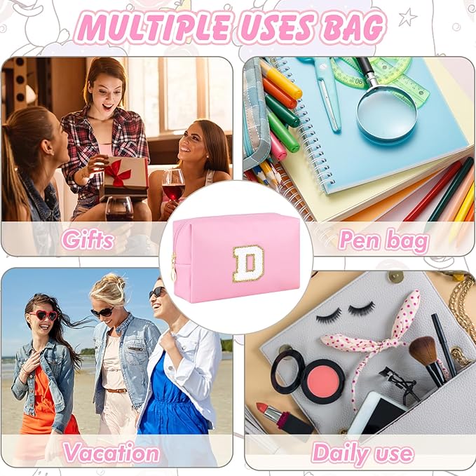 URSKYTOUS Initial Makeup Bag Personalized Preppy Travel Small PU Cosmetic Bag Pink Makeup Pouch Zipper Toiletry Organizer for Women Girls Mom Friend Bridesmaid Teacher Sister Prom Christmas Gift（D）