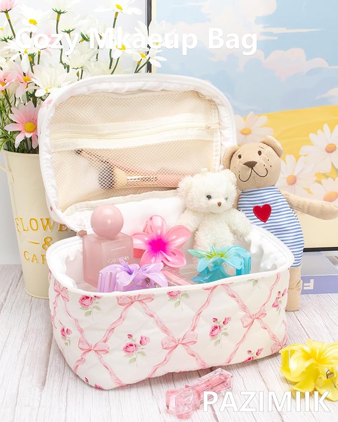 Quilted Makeup Bag for Women, Travel Cosmetic&Toiletry Bag,Bow Rose