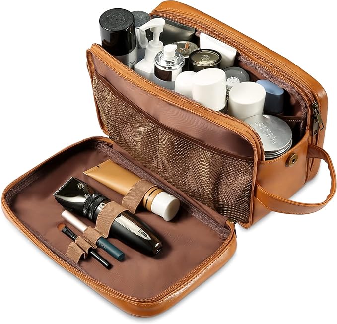 BNSPOCKET Personalized Leather Travel Toiletry Bag for Men, Large Travel Bathroom Shaving Dopp Kit, Large Cosmetic Bag Waterproof