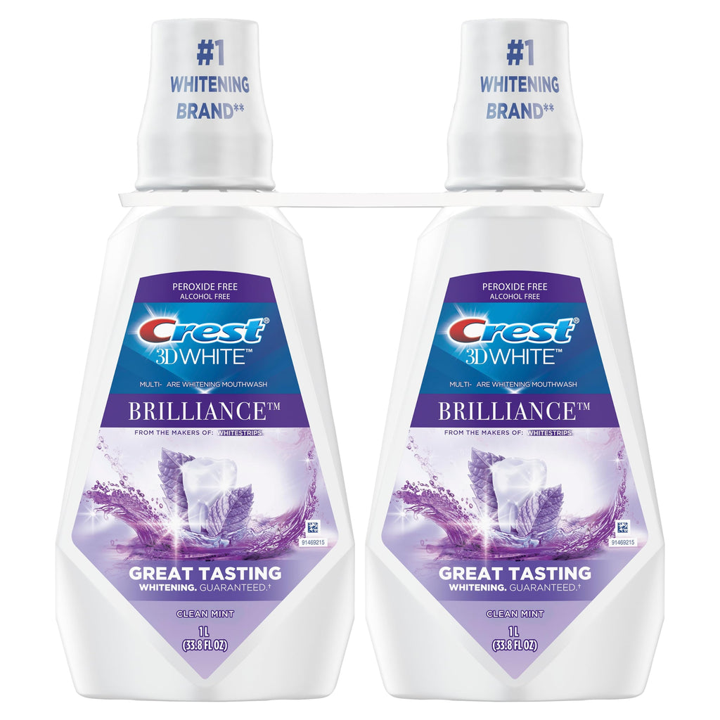 Crest Mouthwash/Mouth Rinse, 3D White Brilliance Whitening, Alcohol Free, Clean Mint, 2x1L (33.8 fl oz)