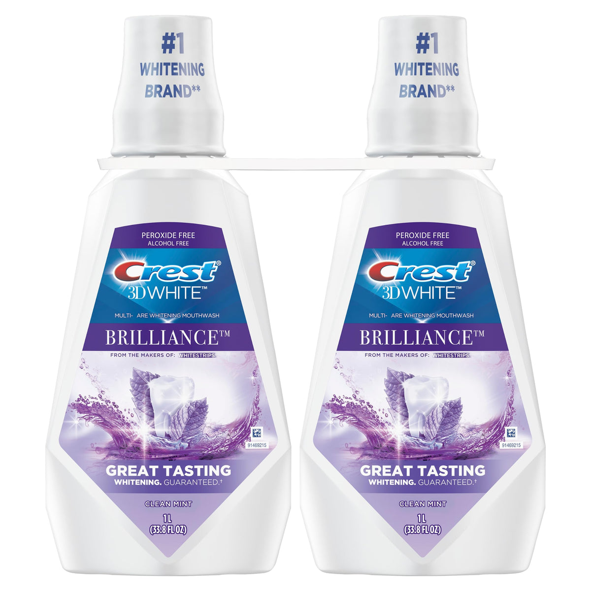 Crest Mouthwash/Mouth Rinse, 3D White Brilliance Whitening, Alcohol Free, Clean Mint, 2x1L (33.8 fl oz)