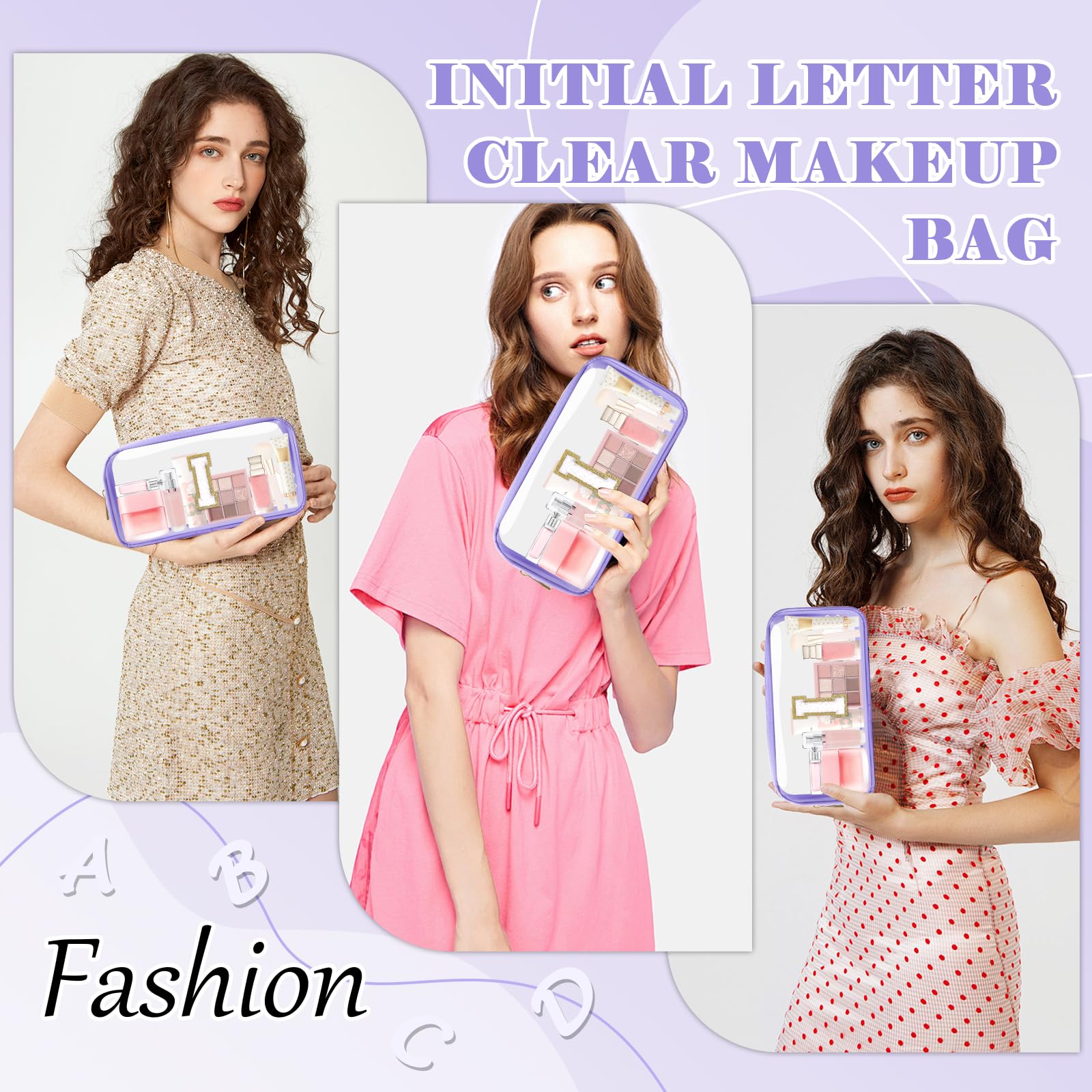 UIXIZQ Personalized Initial Letter Clear Makeup Bag,Preppy Small Nylon&PVC Cosmetic Zipper Bag with Chenille Letter,Travel Skincare Toiletry Bag,Monogram Christmas Gift for Teen Girls Women,I
