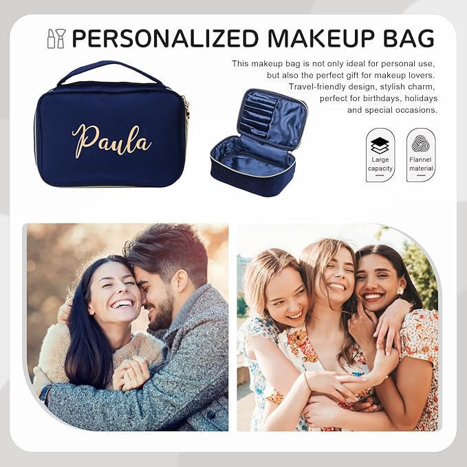 Dreamgem Personalized Name Makeup Bags - Monogrammed Gift for Women Girls Cosmetic Bag with Zipper Gift Ideal for Teen Girls Women Birthday Friend Mom (Treasure Blue)
